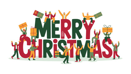 Holiday Cheers: Festive characters gather around vibrant lettering, their faces alight with holiday spirit, exchanging gifts and spreading seasonal joy.