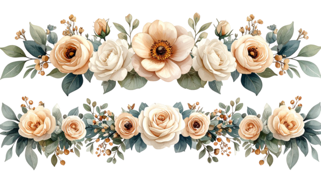 Two floral arrangements with soft-hued flowers and foliage on a black background - Powered by Adobe