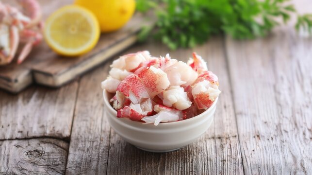 Fresh crab meat in a bowl on rustic wooden table. Generative AI