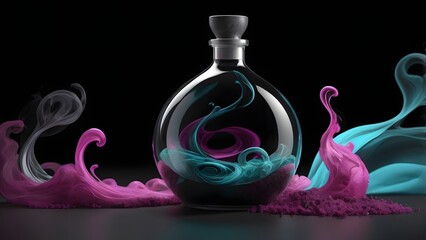 Mystical Glass Decanter with Vibrant Swirling Magenta and Teal Abstract Liquids and Granular Flows on a Dramatic Dark Background