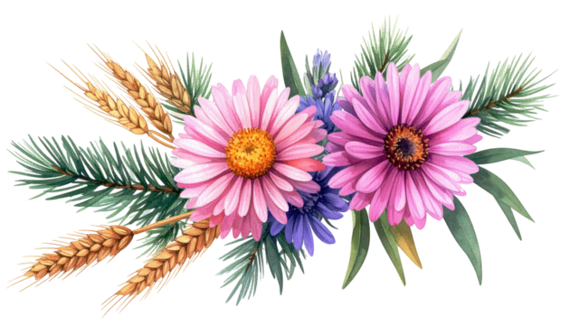 Watercolor bouquet pink daisies, blue flowers, wheat, and evergreen sprigs