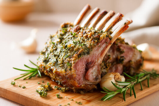 Succulent herb crusted rack of lamb ready to be served, garnished with fresh rosemary and garlic, presented on a rustic wooden cutting board for an elegant dining experience.