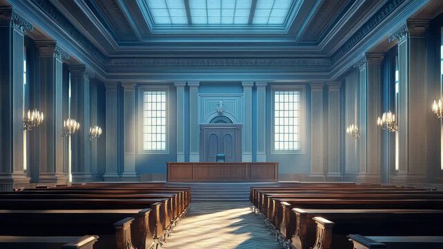 Empty courtroom interior with warm sunlight streaming