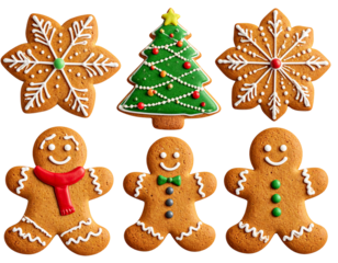 Festive Christmas Gingerbread Cookies Set with Icing Decorations, Isolated on White T