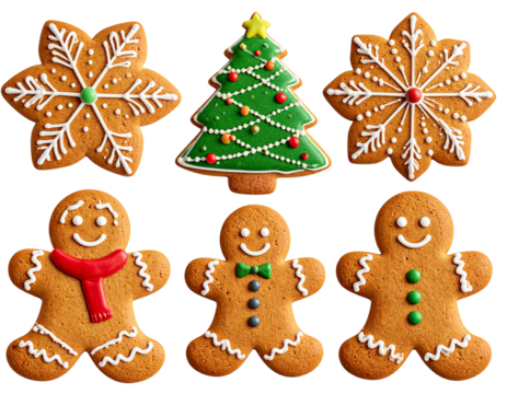 Festive Christmas Gingerbread Cookies Set with Icing Decorations, Isolated on White T