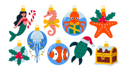 Festive Undersea Ornaments: A vibrant assortment of whimsical ornaments, each depicting a unique sea creature, adds a touch of oceanic magic to the festive season.