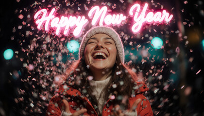 A woman in bright winter clothes laughing joyfully while tossing confetti in the air, neon glowing “Happy New Year” sign above, background bokeh lights, cinematic festive energy.