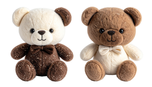 Two plush teddy bears, one light and one dark, each with a bow tie