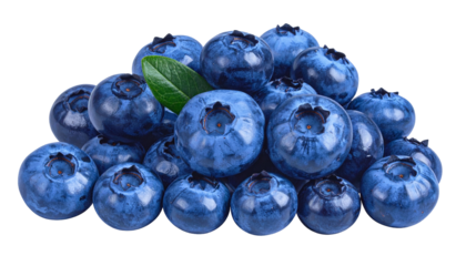 A cluster of vibrant blueberries with a green leaf against a black backdrop