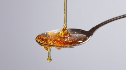 Golden honey cascading from a spoon, capturing the sweetness and texture. The close-up showcases the honey's golden color and smooth consistency