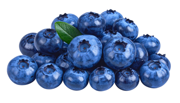 A cluster of vibrant blueberries with a green leaf against a black backdrop