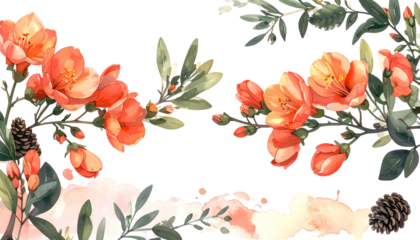 Watercolor floral arrangement with orange flowers, pinecones, and green leaves