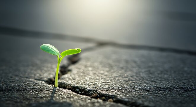 Green sprout emerging from concrete crack