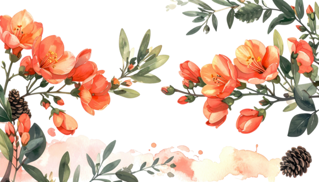 Watercolor floral arrangement with orange flowers, pinecones, and green leaves