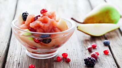 Fresh fruit puree dessert in glass bowl on rustic table. Generative AI