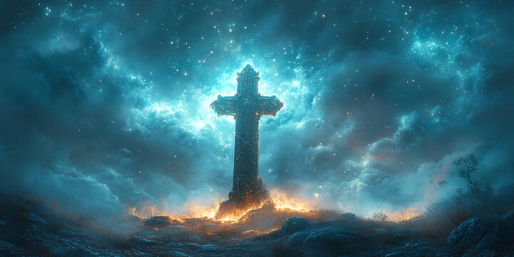 Celestial Landscape with Symbolic Cross Among Illuminated Clouds