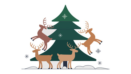 Holiday deer scene: A festive illustration shows several deer with antlers around a decorated tree, evoking joy and anticipation for the holiday season.