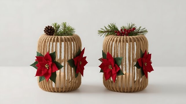 Pair of Jute Lanterns Adorned with Poinsettias and Festive Greenery Christmas decoration