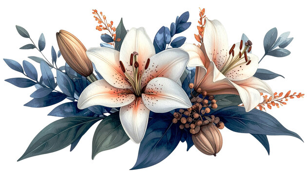 A bouquet of white and peach lilies with blue leaves and orange accents
