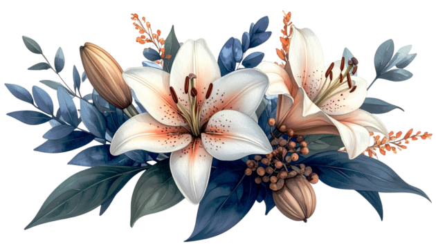 A bouquet of white and peach lilies with blue leaves and orange accents - Powered by Adobe