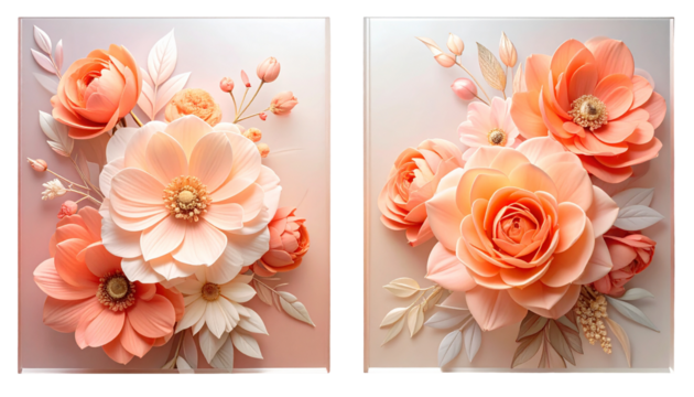 Two framed floral compositions peach and white blooms, layered and detailed