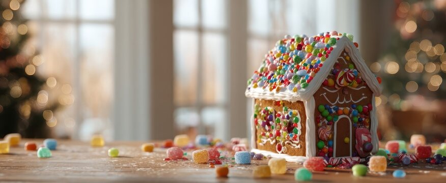 The Gingerbread House Covered in Colorful Candies on a Rustic Festive Wooden Table