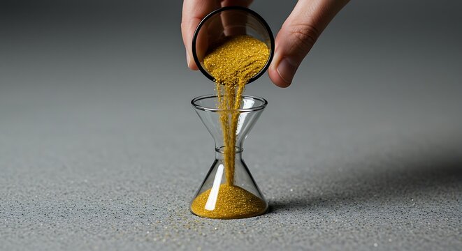 Hand pouring golden sand into funnel