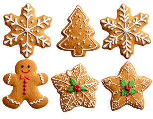 Festive Christmas Gingerbread Cookies Set with Icing Decorations, Isolated on White T