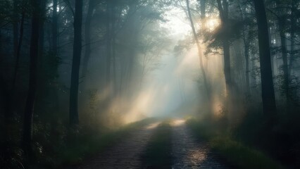 Obraz premium Misty forest path bathed in sunlight