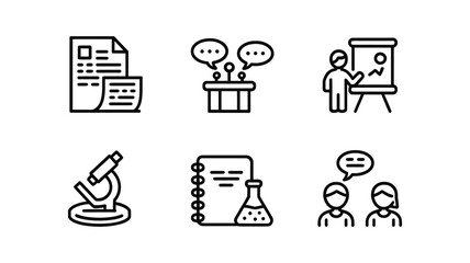 Set of six simple black and white icons representing business and science concepts