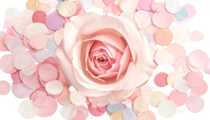 A delicate rose blooms amidst scattered confetti, soft pastel colors