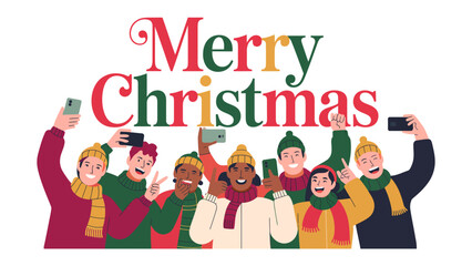 Merry Christmas Moments: A festive gathering of friends and family, capturing the spirit of the season through joyful selfies, framed by colorful winter accessories.