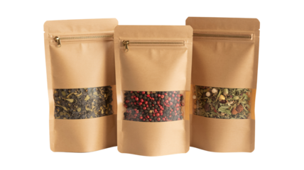 Brown paper pouches packaging spices herbs tea food product display
