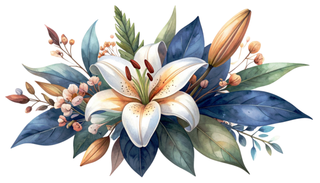 Watercolor floral arrangement with a white lily and blue/green foliage