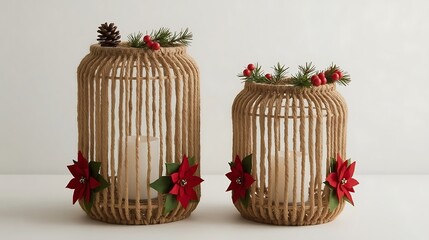 Two Rustic Jute Lanterns Decorated with Poinsettias and Pine Cones Christmas decoration