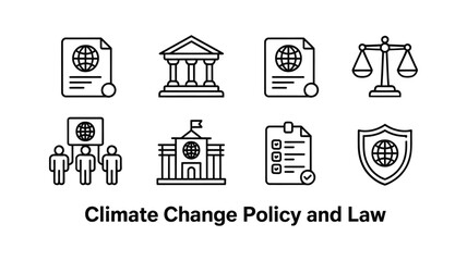 Climate change policy and law icons representing global governance and justice