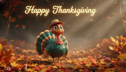 Animated turkey with glossy teal and copper feathers standing in a foggy glowing forest with golden happy thanksgiving script above