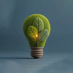 Creative concept of eco innovation and renewable energy. Light bulbs made of leaves, glowing green technology symbols, and futuristic eco icons representing clean energy and environmental progress.
