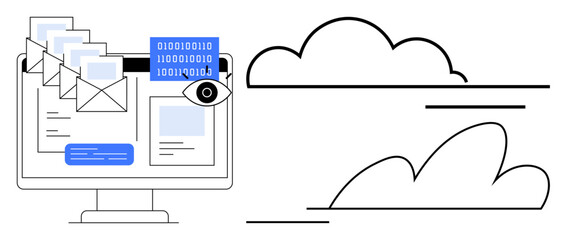 Monitor displaying email and binary codes with an eye symbol, connected to clouds. Ideal for data security, cloud storage, digital transformation, cybersecurity, email communication, privacy