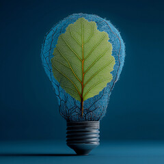 Creative concept of eco innovation and renewable energy. Light bulbs made of leaves, glowing green technology symbols, and futuristic eco icons representing clean energy and environmental progress.