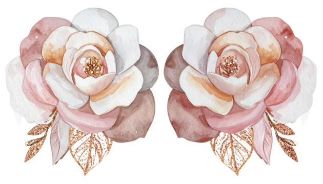 Watercolor floral art, two roses and leaves in blush, gold, and white against black