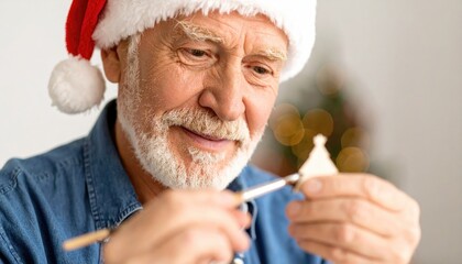 Happy senior caucasian man wearing Santa hat holds and paints small wooden Christmas tree, prepare toys ready for Christmas 
