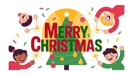 Festive cheer: Festive scene featuring a Christmas tree, sparkling sparklers, and joyful figures exuding the essence of the season. Merry Christmas is written. Capturing the spirit of togetherness.