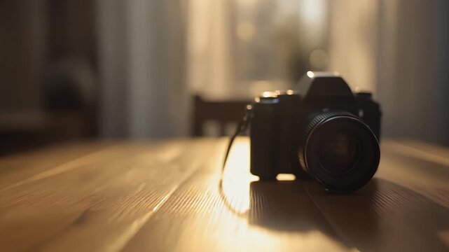 Hand Placing Professional DSLR Camera on Wooden Table in Golden Sunset Light