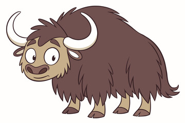 Cartoon yak with large horns and fluffy brown fur standing on a white background