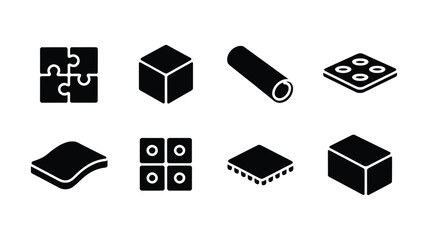Collection of black isometric 3d geometric shapes and objects