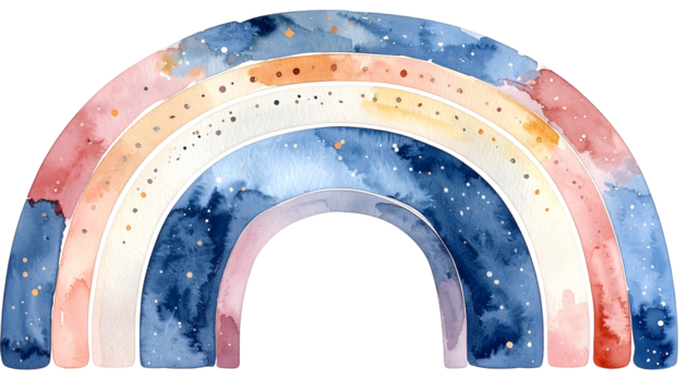 Watercolor rainbow with pastel colors, speckled with gold, against a black background