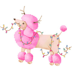 Christmas themed dog cartoon, hand drawn watercolor.