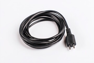 Black electrical cord coiled on a white surface, plug attached