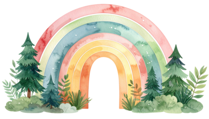 Watercolor rainbow arching over stylized forest elements